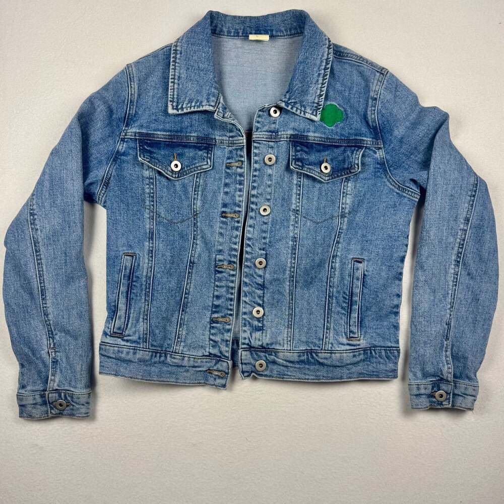 Girl Scouts x Supermix Studio Denim Trucker Jacket Size L Trefoil Patch Vintage